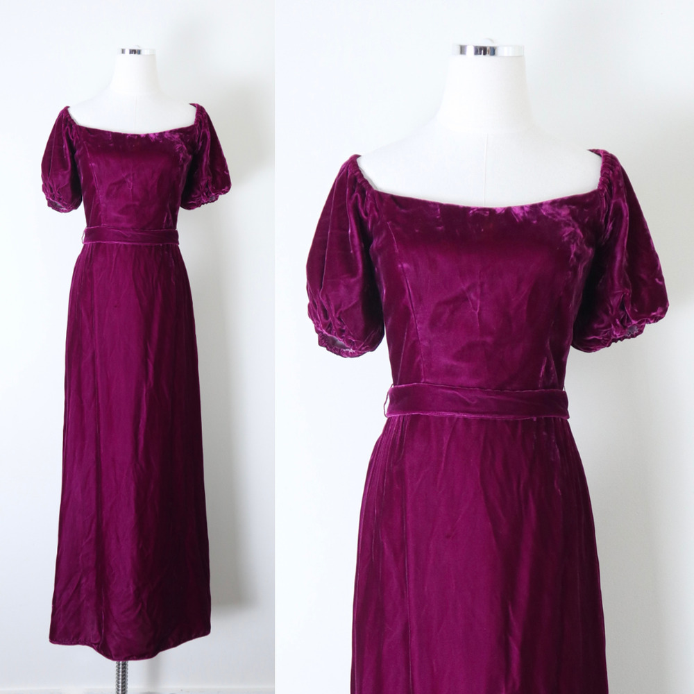 Vintage 1980s Priscilla of Boston Velvet Puff Shoulder Gown Maxi Dress Raspberry